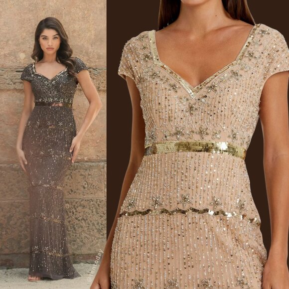 $598 Mac Duggal Size 4 Beaded Sequin Nude Beige Gold Long Column Gown Maxi Dress - Picture 1 of 6